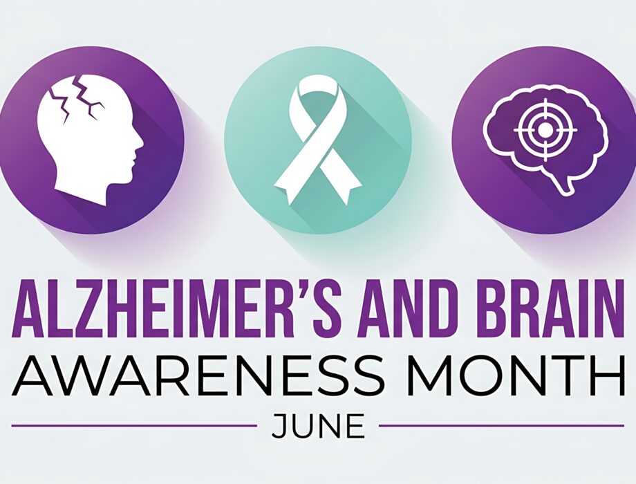 Alzheimer's and Brain Awareness Month graphic with symbols representing brain health, awareness and cognitive conditions, displayed above the words "Alzheimer's and Brain Awareness Month" and "June."